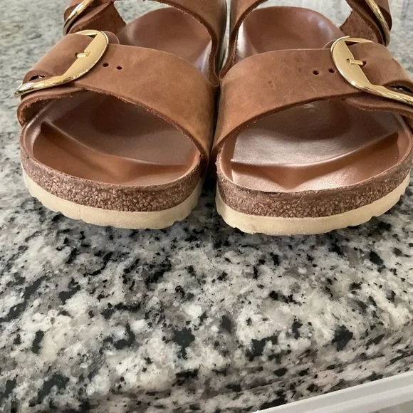 Birkenstock Brown Leather Double Buckle Sandals with Gold Buckles - Picture 5 of 9